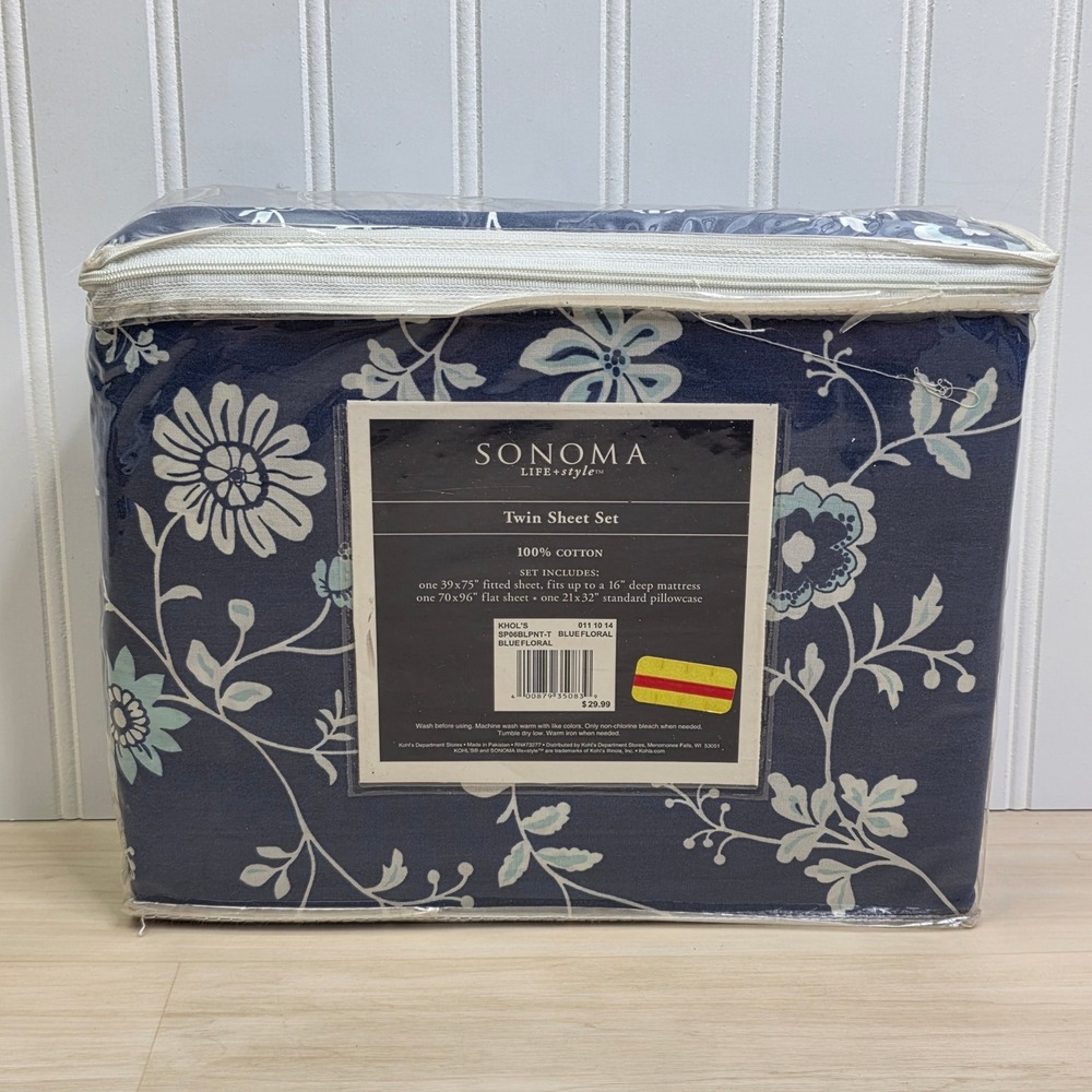 Sonoma Life Style Twin Sheet Set 200TC Cotton Winchester Floral Navy Blue 3pc - Picture 2 of 5